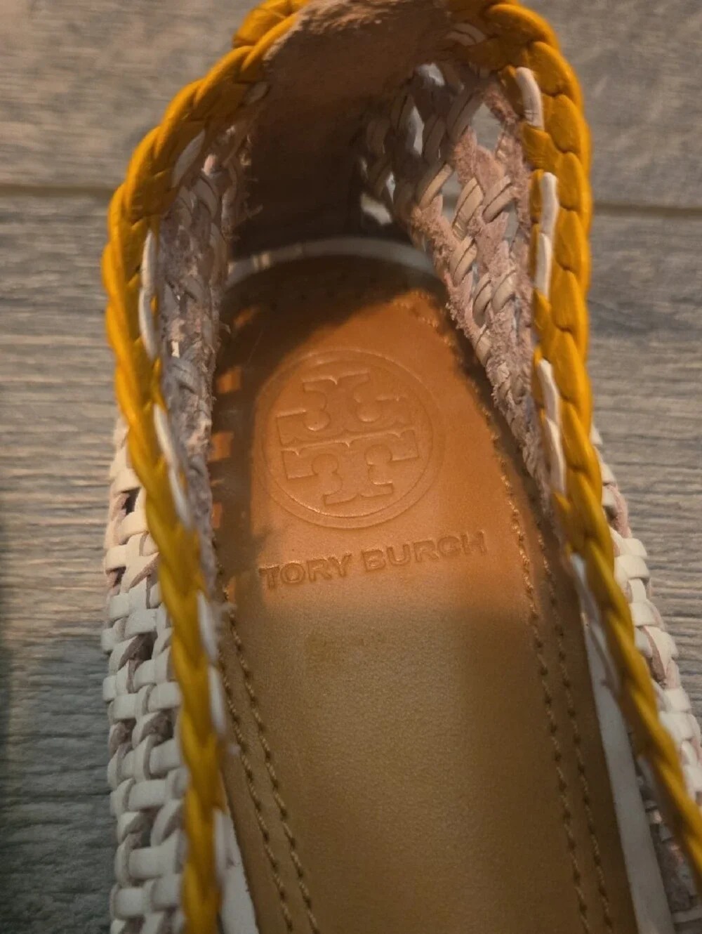 Tory Burch Cream Woven Ballet Flats with Yellow Trim and Gold Logo